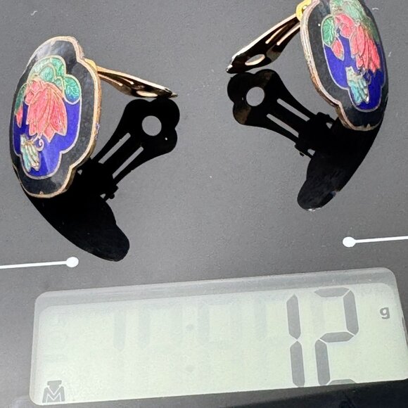 Cloisonne Enamel Earrings Lotus Flower & Butterfly Vintage Clip-On - Picture 4 of 9